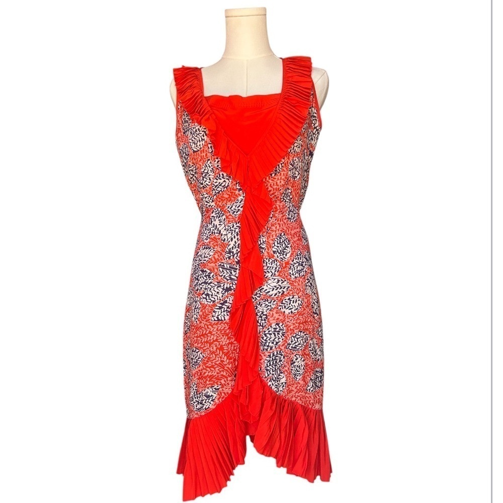 Tory Burch Silk Janette Pleated Dress Size 2 Orange & Blue Ruffle